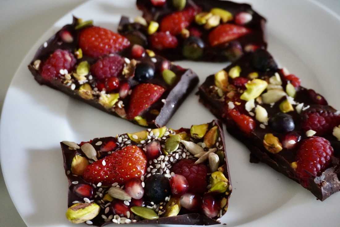 Chocolate, fruit, nut and seed bark