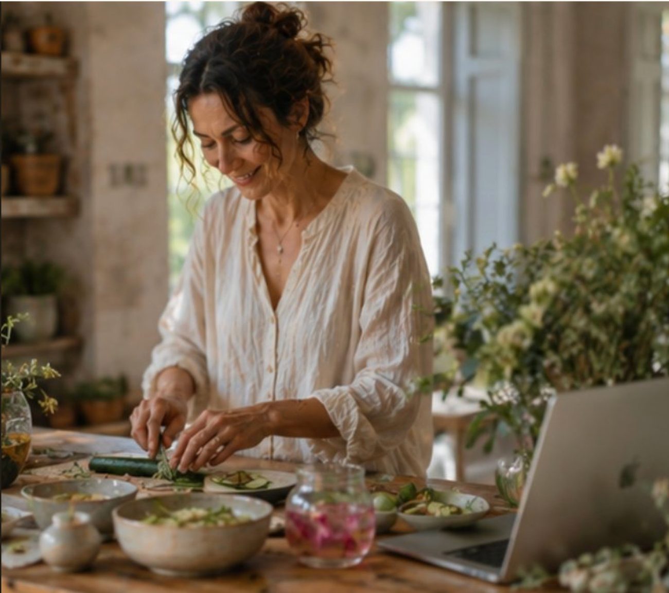 A participant cooking along at her own table